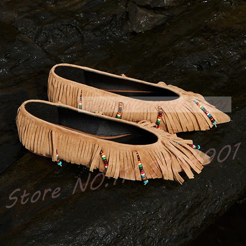 Boho Colorful Beaded Suede Fringe Flats Shoes Women Pointed Toe Tassel Casual Dress Slip‑On Flats Shoes for Ladies