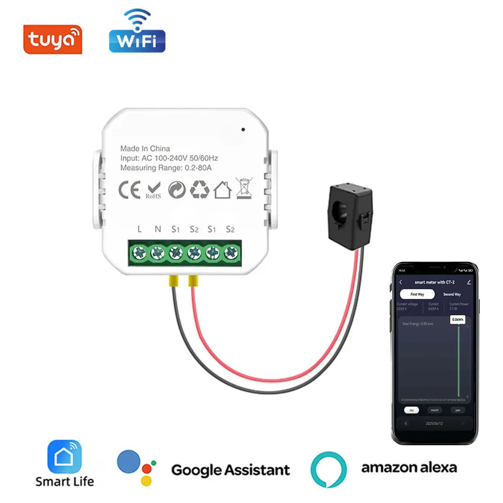 

Умный счетчик энергии Tuya WiFi, 1/2 канала, трансформатор тока 80 А, монитор потребления энергии производства