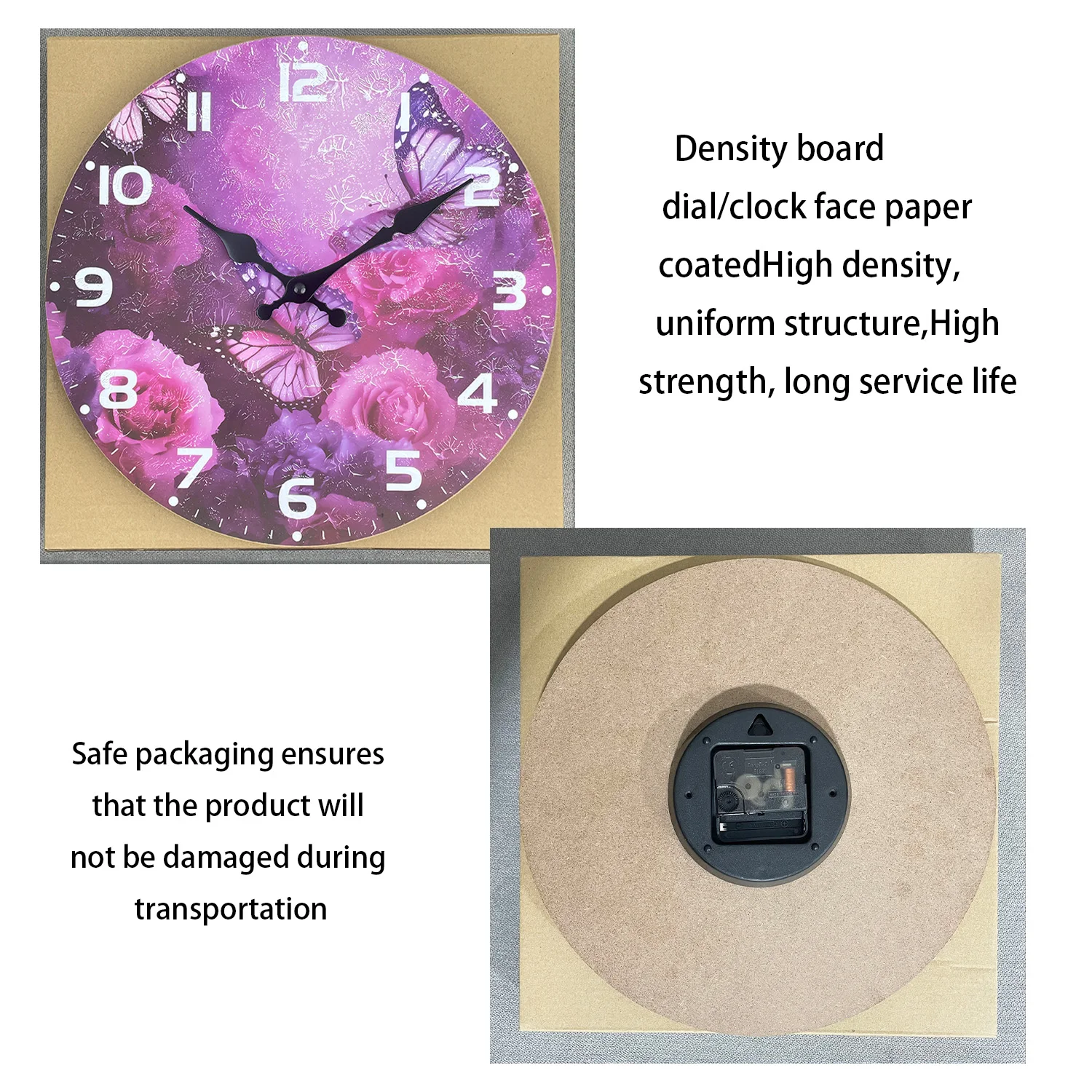 Personalized Purple Flower Butterfly Pattern Wooden Wall Clock Living Room Bedroom Kitchen Home Decoration Wall Clock Silent Quartz Clock Holiday