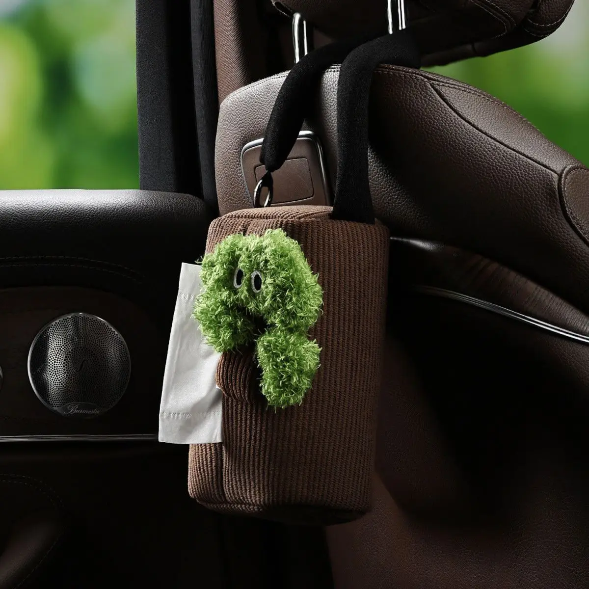 Car Seat Back Hanging Tissue Box Holder Cute Green Cartoon Plush Design Corduroy Fabric Napkin Dispenser Organizer For Vehicle