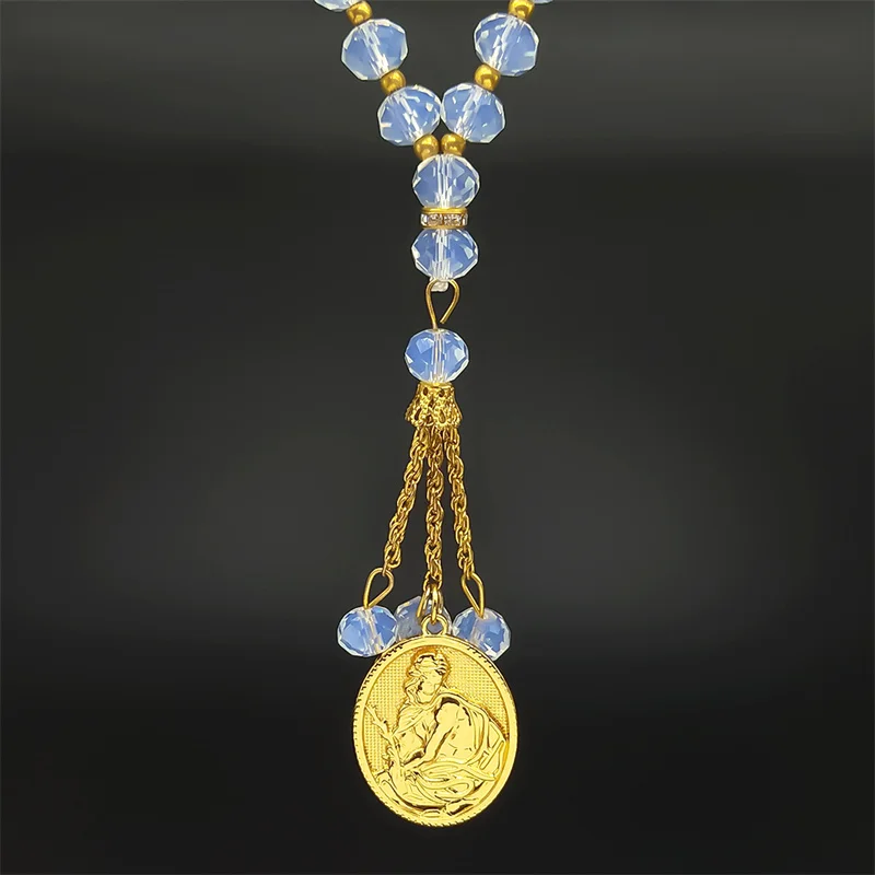 

Jesus With Palm Car Pendant for Women Men Stainless Steel Christian Gold Color Medal Protection Prayer Beads Amulet Jewelry