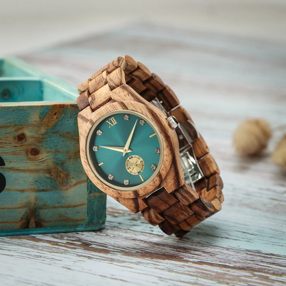 Wood Wrist Watch For Women Simulated Diamond Dial Wooden Clock Wife Girlfriend Fashion Anniversary Personalized Giftsfor Ladies