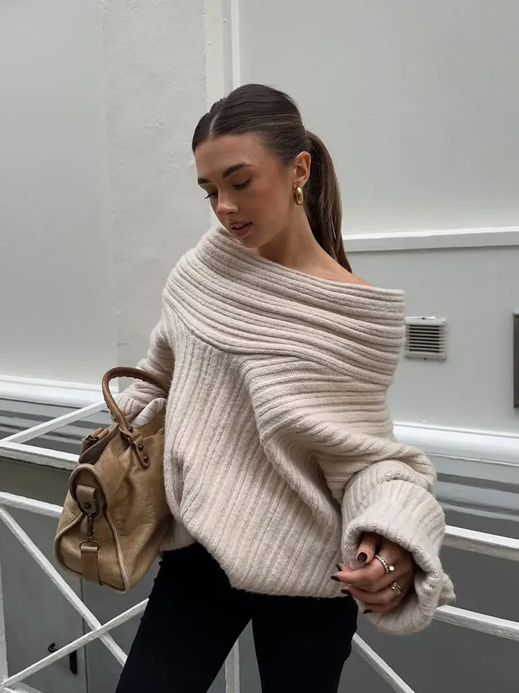 

HH осенний женский винтажный вязаный пуловер на одно плечо с длинными рукавами в полоску, свободные однотонные женские зимние повседневные топы