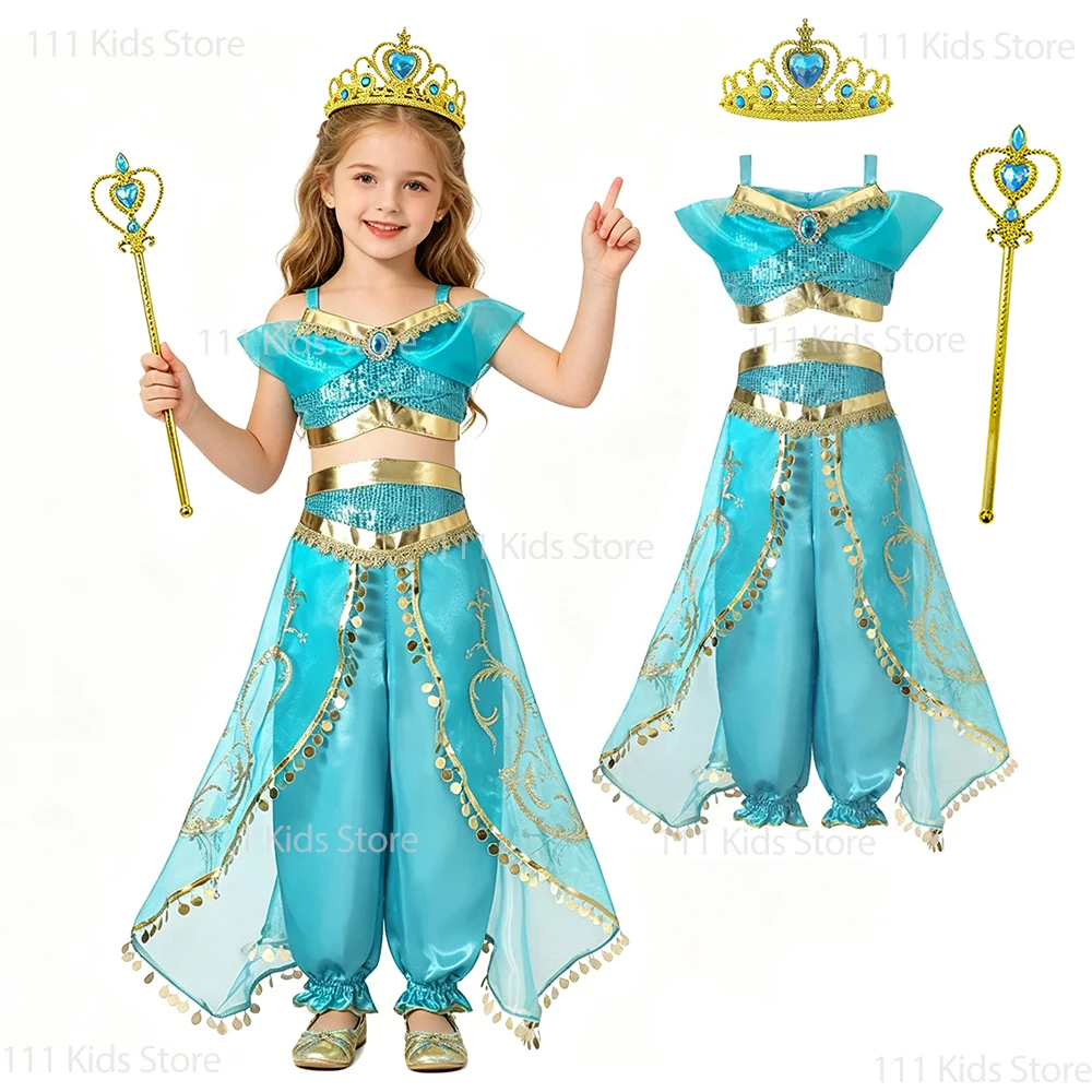 Arabian Princess Costume Girls Birthday Party Gown Children Jasmine Princess Cosplay Sets with Accessory Carnival Perform Outfit