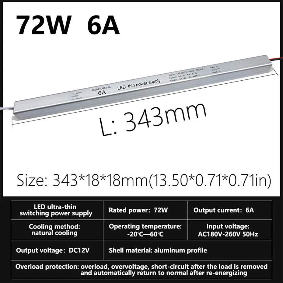 DC12V/24V Ultradünnes Schaltnetzteil 12W 24W 36W 60W 72W AC220V Beleuchtungstransformator 1A 1,5A 2A 2,5A 3A 5A 6A LED-Treiber – Detail 5