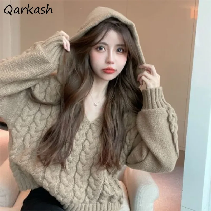 

Pullovers Women Kpop Chic Loose Solid Female Hooded Short Sweaters Knitted Trendy V-neck Drawstring Lazy Vintage Leisure Autumn