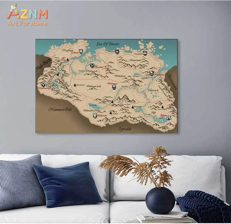 Skyrim Gaming Poster Prints on Canvas  Wall Art Picture for Living Room Home Decor Large Vintage Map Elder Scrolls