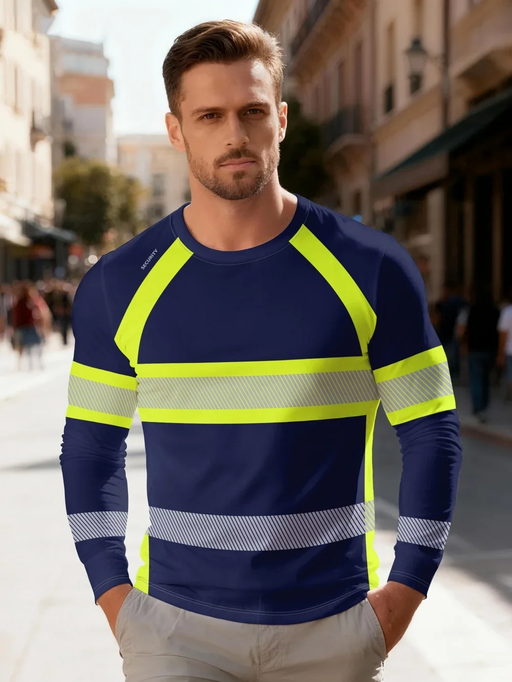 New Men's Striped Printed T-Shirt Safety Work Clothing Long Sleeved O-Neck Casual Loose Tops Daily Wear Oversized Men Clothing