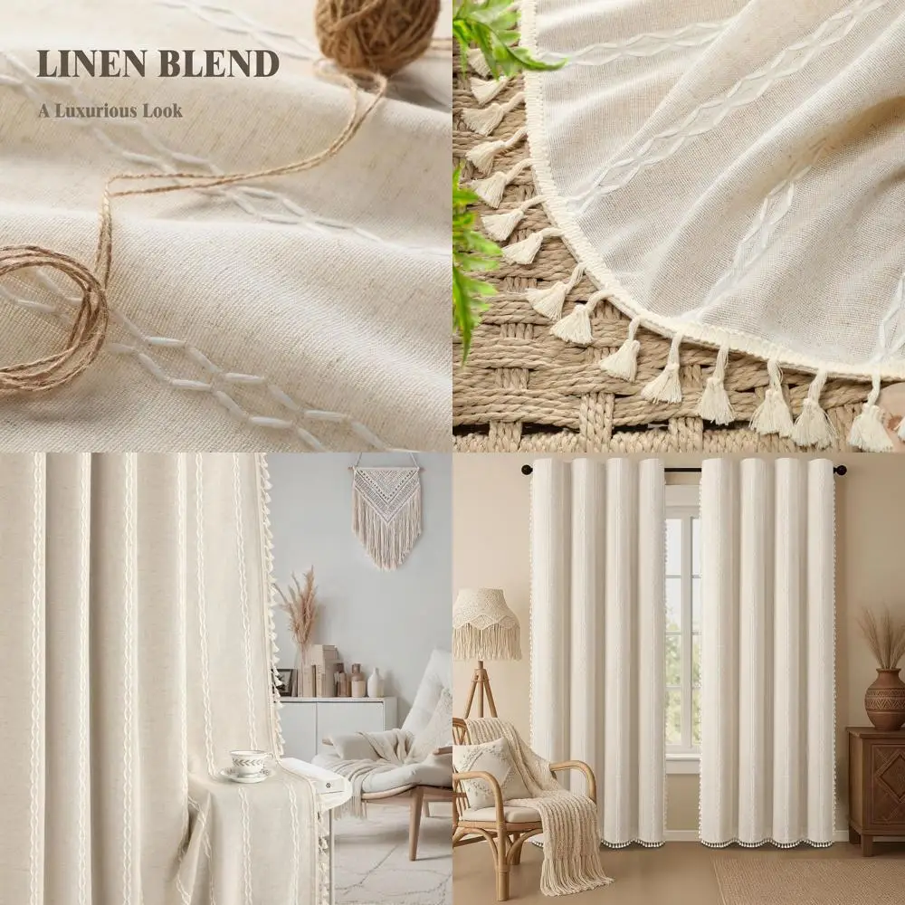 

Льняные шторы в стиле бохо, 2 панели, 84 бежевого цвета, с кисточками и хлопковой вышивкой для деревенского фермерского дома