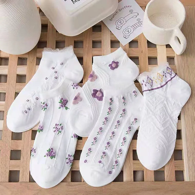 Lot de 5 paires de chaussettes invisibles en coton pour femmes, Pack de cheville, Harajuku, Kawaii, mignon, Skarpetkie, Damski, Style bohème