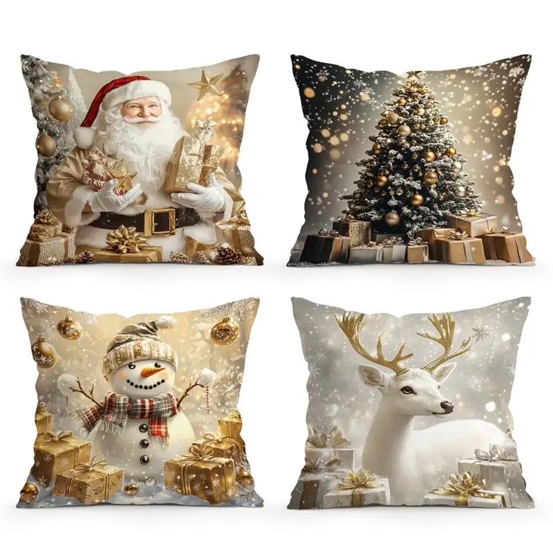 Home Decor Christmas Decor: Santa, Tree, Snowman, Deer Pattern Cushion Cover Suitable for Sofa Bedroom Car Pillow Cover