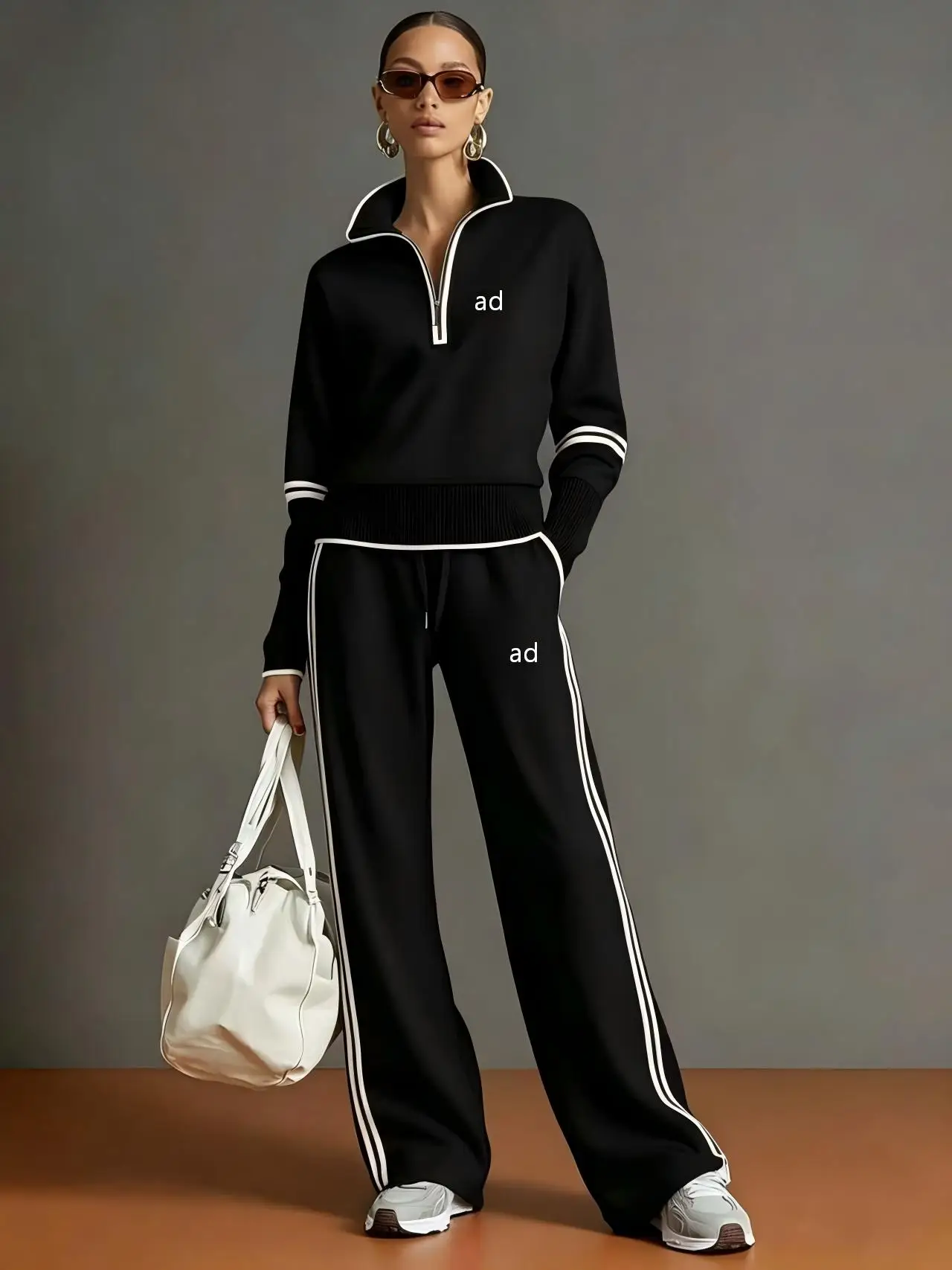 2026 New Long Sleeve Half Zipper Casual Sports Set - Fashionable Contrast Color Stand up Hoodie Wide Leg Pants Set