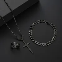 3pcs Set Punk Style Black Stainless Steel Cross Necklace Bracelet Rings Set for Men Personality Hip Hop Rock Jewelry Set Gift