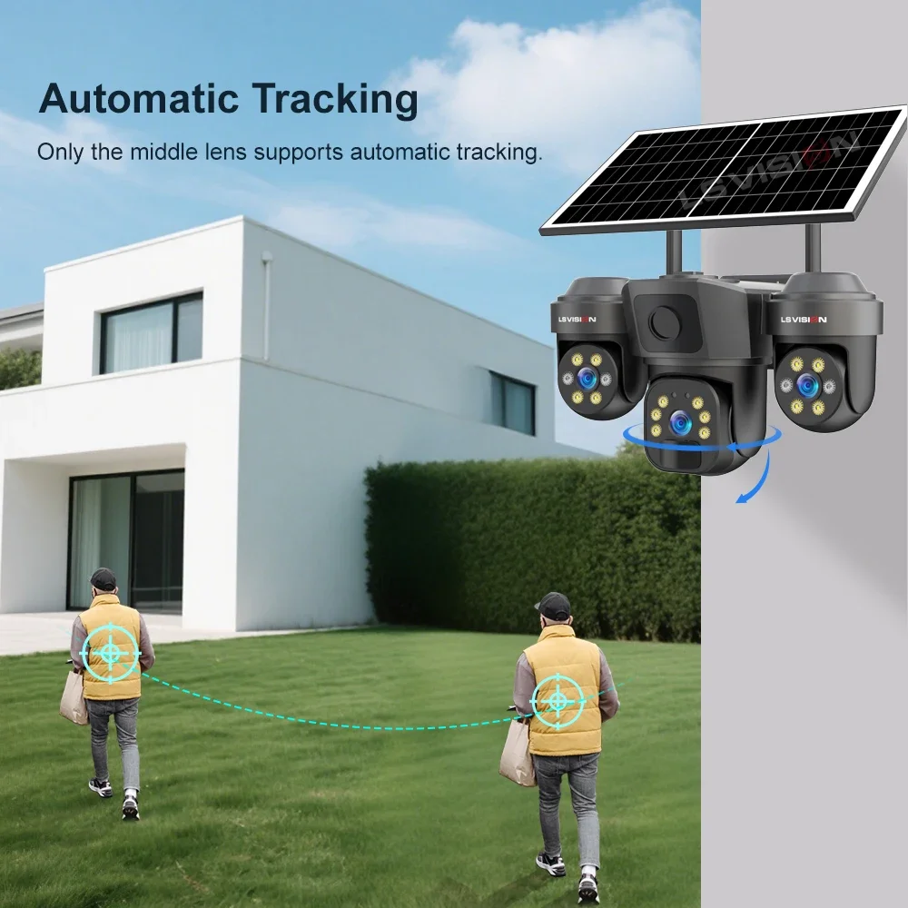 LS VISION 12MP WiFi AOV Solar Camera Three Screens Outdoor 4G Three Lens Human Detection Auto Tracking CCTV Cam 24/7 Recording