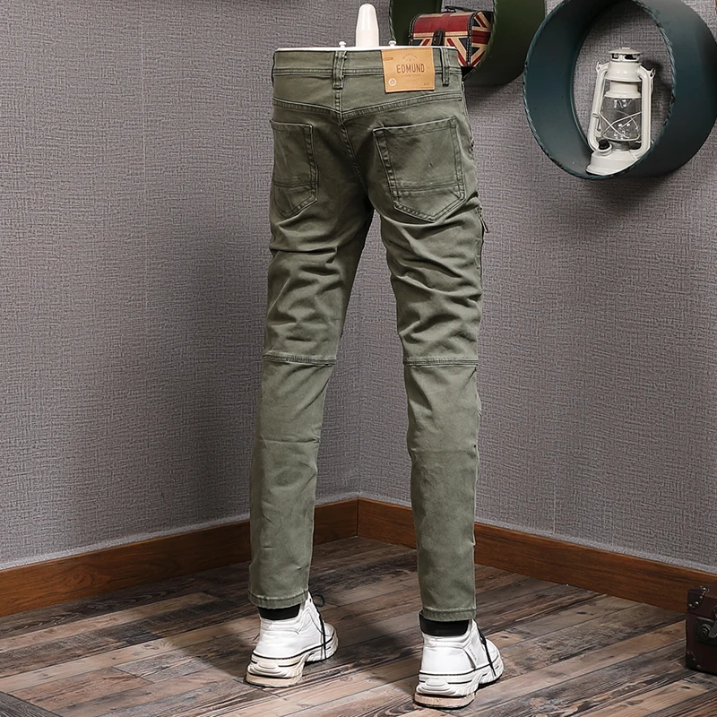 Newly Designer Fashion Men Jeans Spliced Stretch Slim Fit Army Green Jeans Men Trousers Streetwear Hip Hop Elastic Pants Hombre