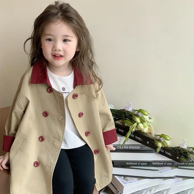 

Детская ветровка для девочек с контрастными вставками и отложным воротником, 1-8 лет, двубортное пальто средней длины для малышек, верхняя одежда для девочек