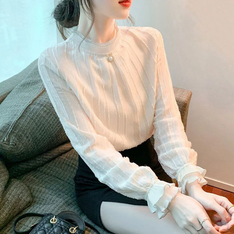 Spring Autumn Temperament Stand Collar Long Sleeve Lace Shirt Femme Elegant Fashion Pullover Top Women Korean Style White Blouse