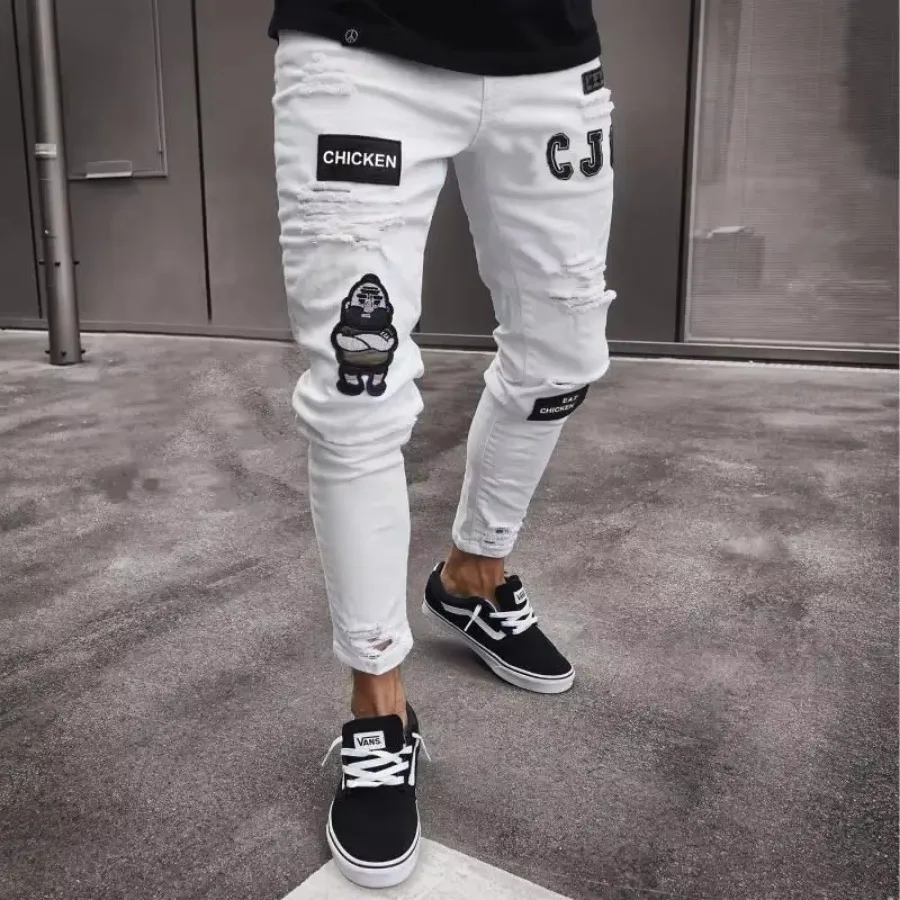 Punk Plus Size Pants Men Skinny Ripped Hole Patchwork Jeans Slim Pencil Denim Hip Pop Trousers Autumn Winter Streetwear Men\'s