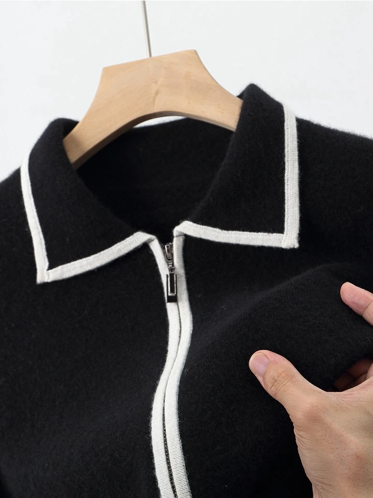 Sweter Pria Kerah Polo Mantel 100% Wol Merino Cardigan Pakaian Musim Gugur Musim Dingin Sweter Rajut Korea Tebal Resleting Terbuka Jaket Jahitan
