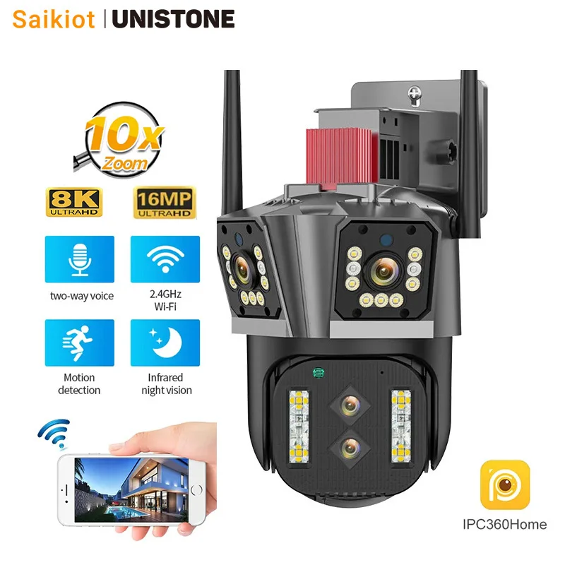 Saikiot 16MP 10X Optical Zoom 4 Lens 3 Screen 360 Degree WIFI Camera Waterproof Outdoor Home CCTV Security Wireless PTZ Camera