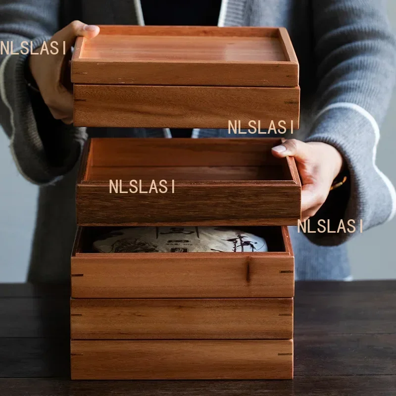 Chinese Bamboo Square Food Tray Solid Wood Tea Set Tray Home Breakfast Tray Cake Tray Flower Pot Bonsai Gardening Holder
