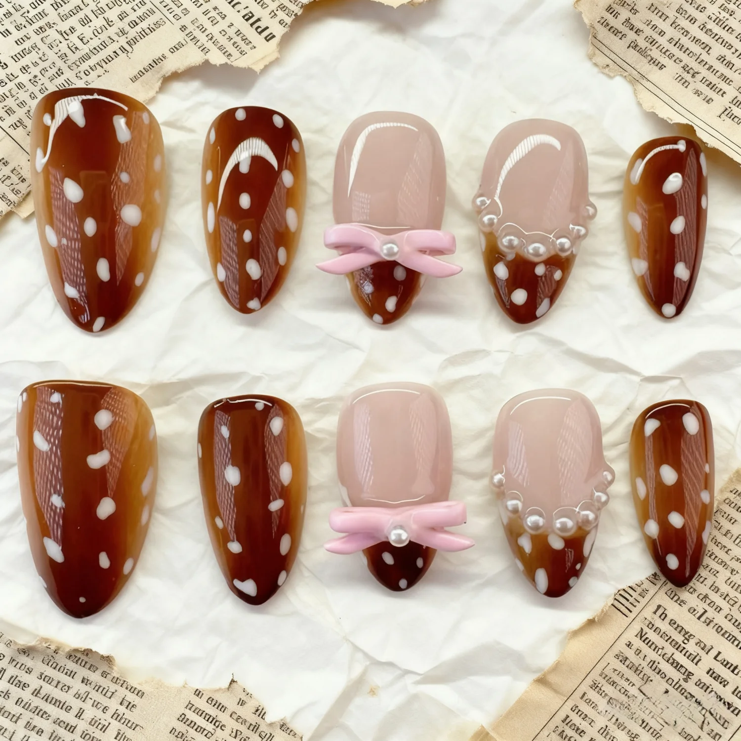 

24Pcs Autumn Brown Almond Press On Nails Pearls Pink Bow Dot French Fake Nails Detachable Finished False Nails for Manicure Art