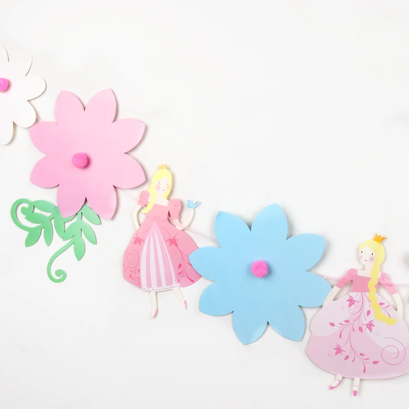 1pc 2.8m Rope Princess Pull Flag With Flower Blue Pink Green leaves For Girl Birthday Party Room kindergarten Decor Parent-child