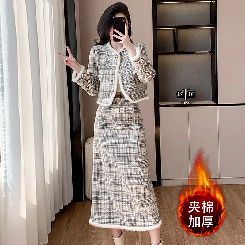 Autumn Winter Women Elegant Vintage Plaid Tweed Skirt Suits Fashion Short Jacket And High Waist Long Skirt Two Piece Set