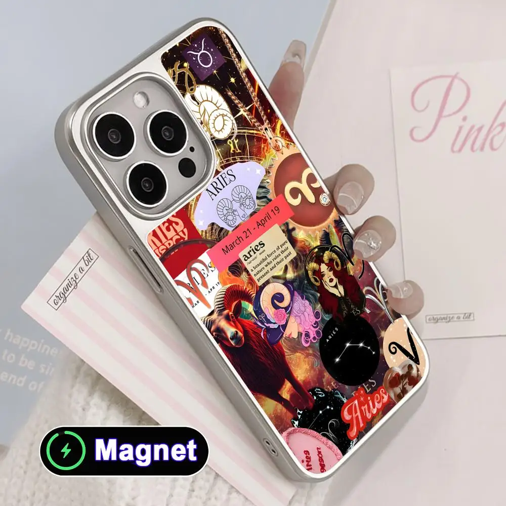 

Zodiac Sign Aries Phone Case for iPhone 17 16 15 14 13 12 11 Air Pro Max Plus Electroplated Silver Magsafe Cover