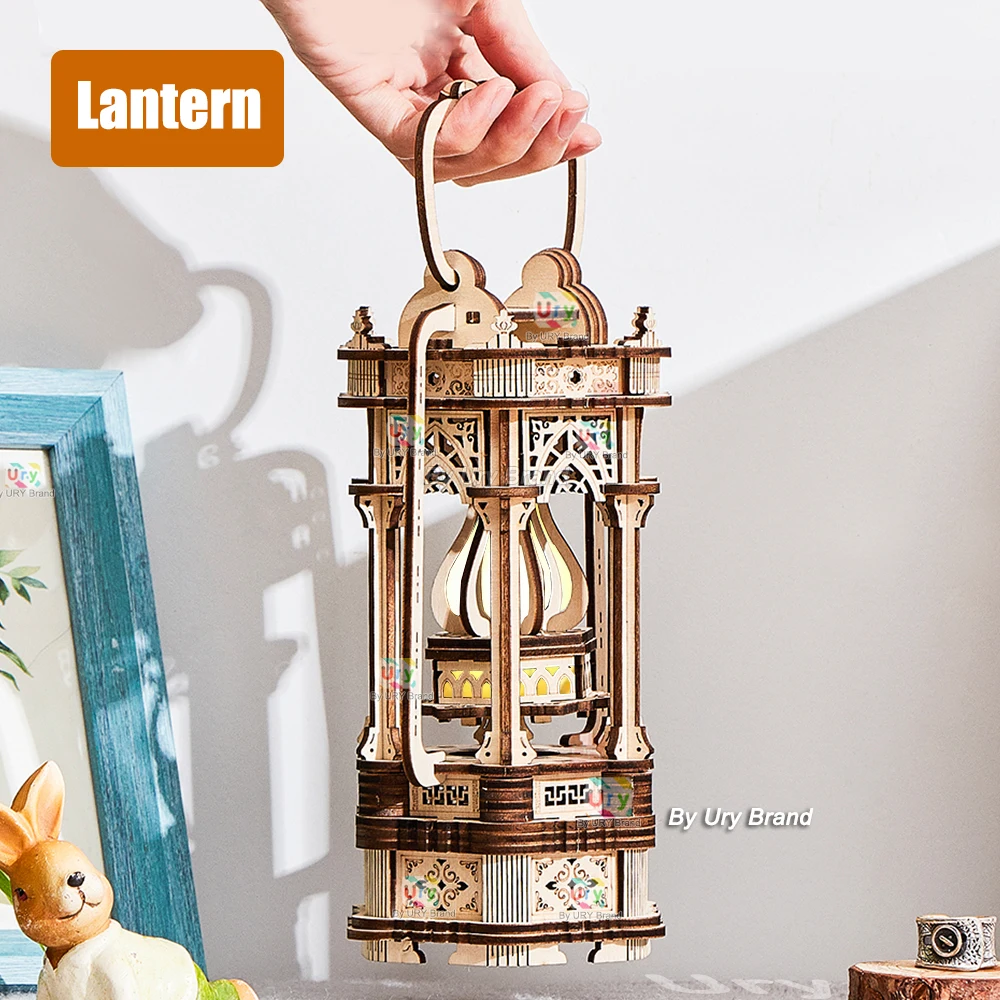 URY 3D Wooden Puzzle Lantern DIY Vintage Light Bedside Lamp Model Assembly Building Kits Desk Decoration Gift for Teens Adult