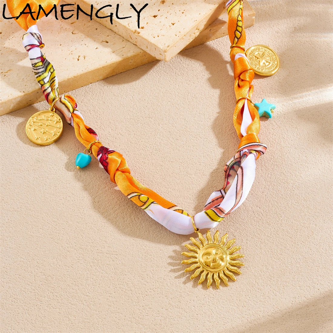

LAMENGLY 316L Stainless Steel Orange Ribbon Retro Star Disc Face Sun Pendant Necklace Women New Trend Neck Chain Leisure Gift