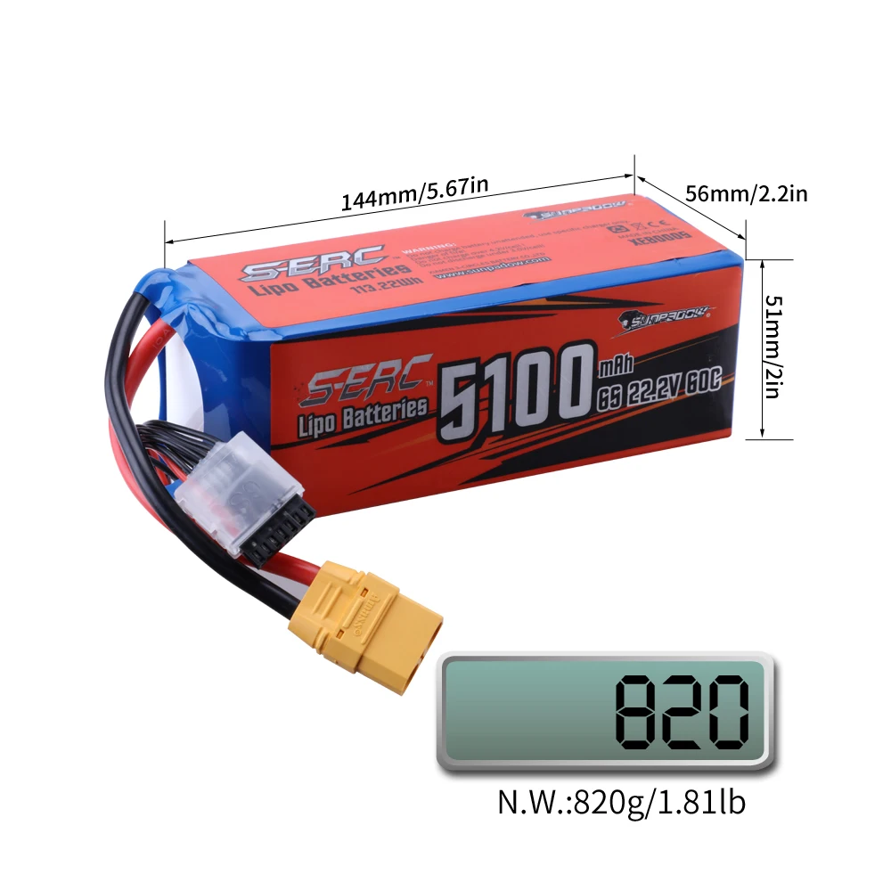 SUNPADOW 6S RC Lipo Battery 22.2V 60C 5100mAh with XT90 Connector for RC Airplane Aircraft Quadcopter Drone FPV Helicopter