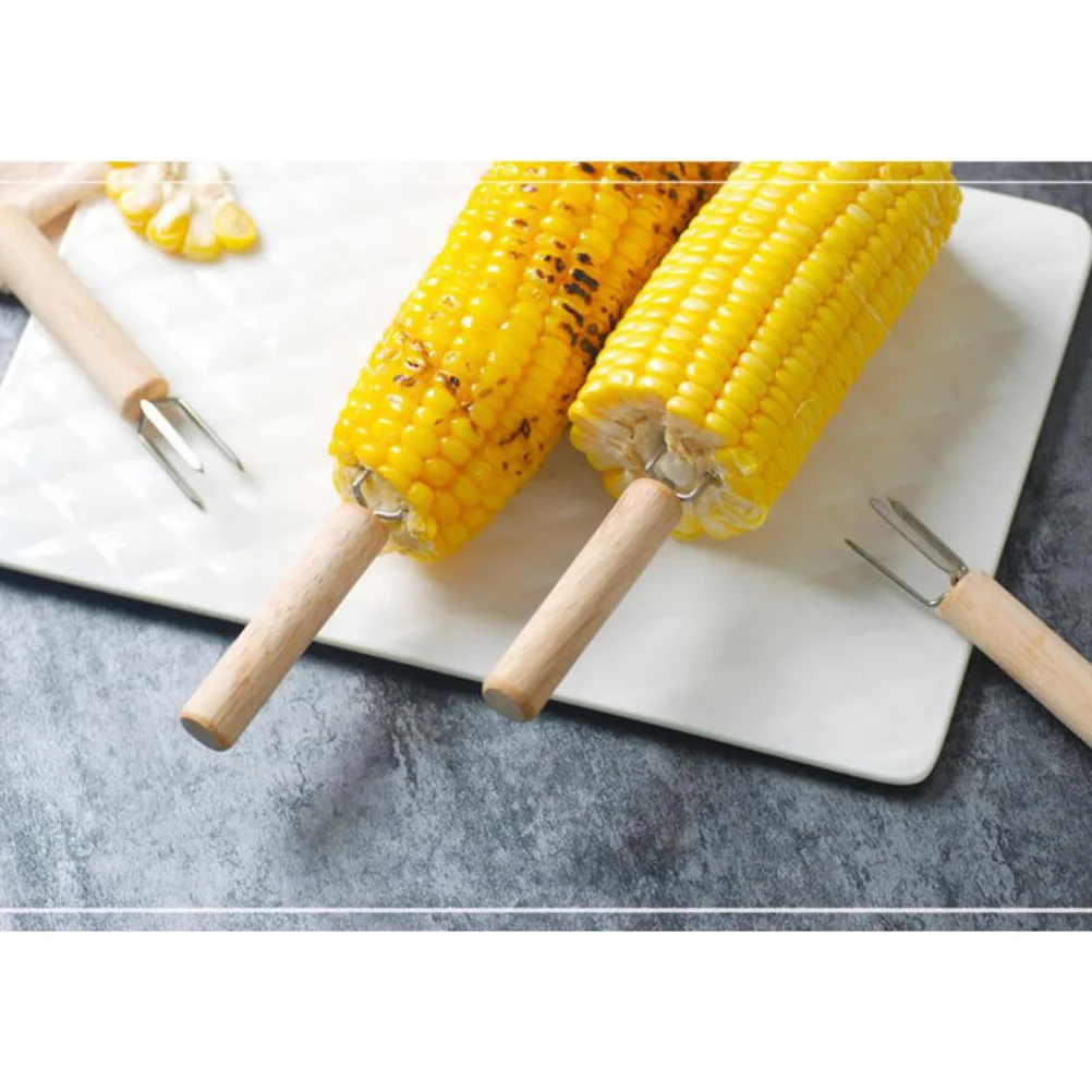 

3pcs Stainless Steel Corn Holders Ergonomic Wooden Handle Bbq Forks Grilling Toast Pastries Honey Jam Outdoor Barbecue Supplies