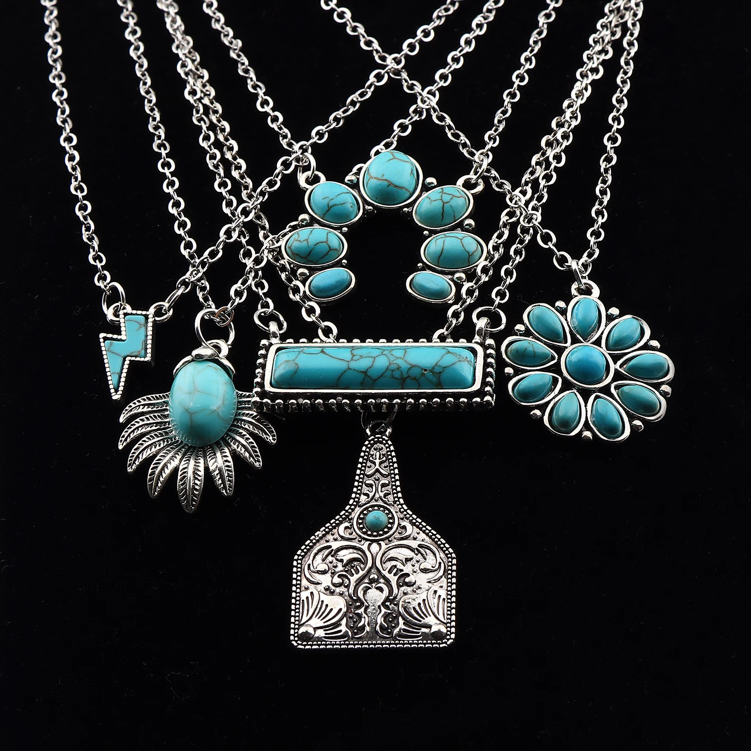 6pcs Mixed Horseshoe Turquoise Squash Green Flash Square Pendant on Long Chain Necklace Lagenlook 20 Inches