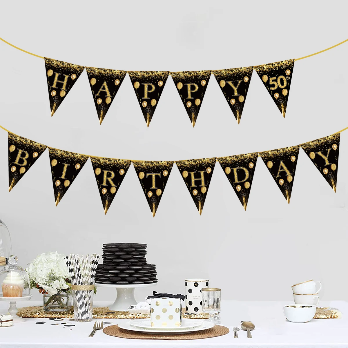 

30 40 50 Year Happy Birthday Paper Banners Birthday Party Decorations Adult Black Gold Anniversary Party Supplies Photo Props