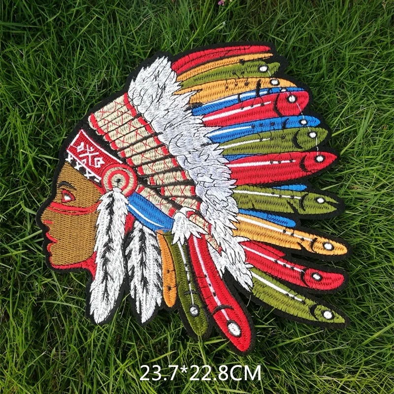 24cm Oversized Colorful Indian Head Feather Embroidery Patches With Adhesive DIY Sewing Garment Applique