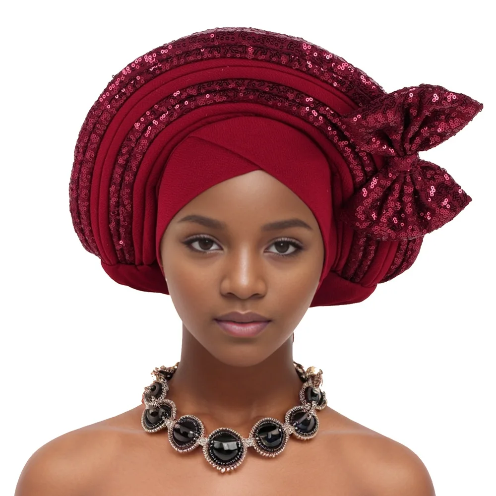 

Nigeria Bowknot Turban Cap for Women 2024 New African Auto Gele Headtie Aso Oke Bonnet Hijab Headscarf Sequin Head Wrap Headgear