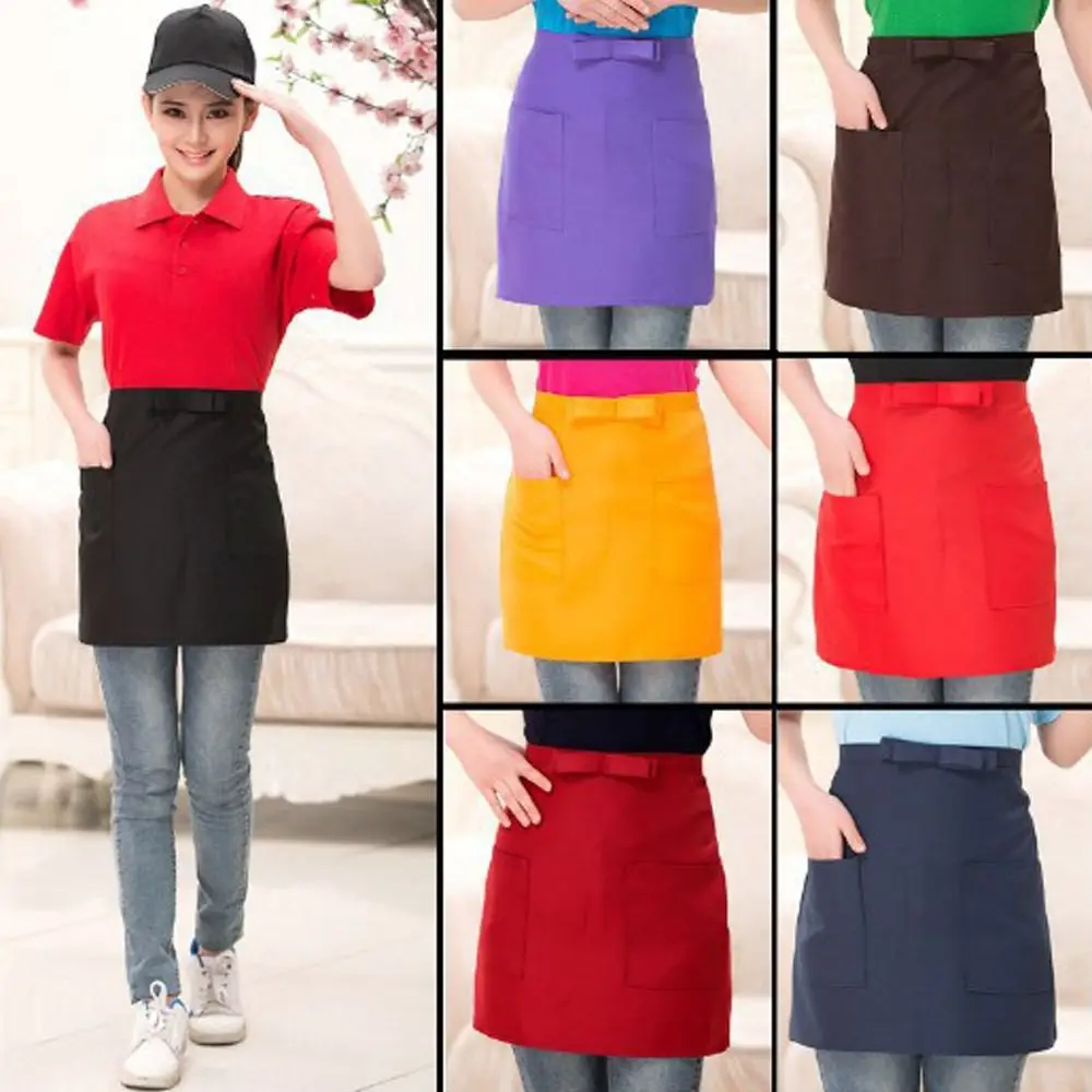 Kitchen Short Half Waist Apron 2 Pocket Apron Women Waitress Antifouling Work Bar Pub Cafe Cooking Men Short Waist Aprons