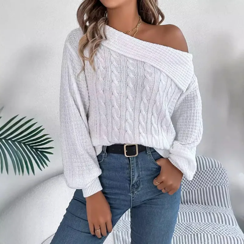 Casual sexy lapel off shoulder Twists long sleeve pullover sweater Autumn/Winter 2024 Amazon cross-border women's Sweaters