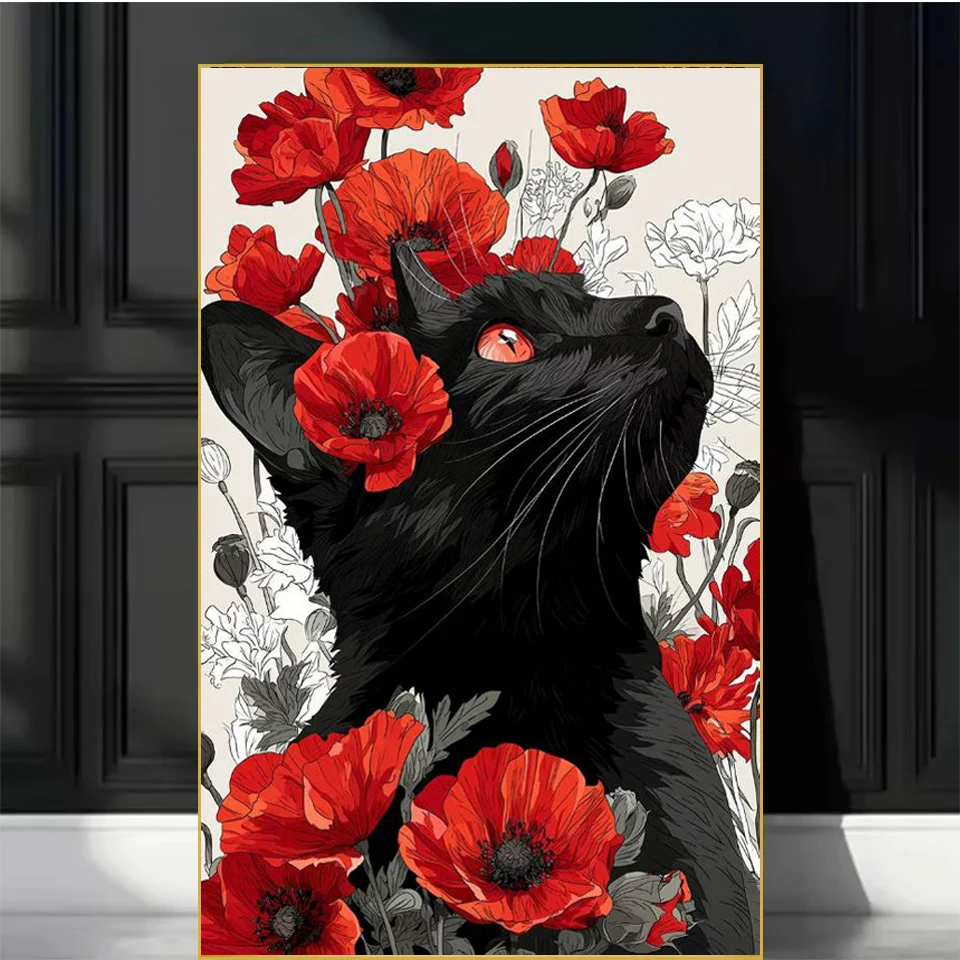

DIY Diamond Painting Black Cat Poppy Flower Full Square Round Drill Embroidery Mosaic Animal 5D Picture Rhinestones Home Decor