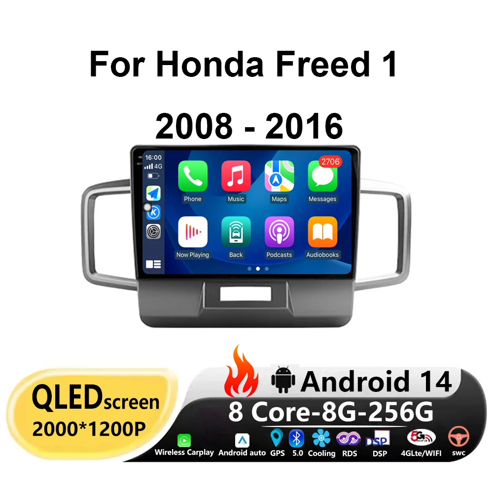 

QLED Carplay Auto Android 14 For Honda Freed 1 2008 - 2016 Car Radio Multimedia Video Player Navigation Stereo GPS DSP 4G+WIFI