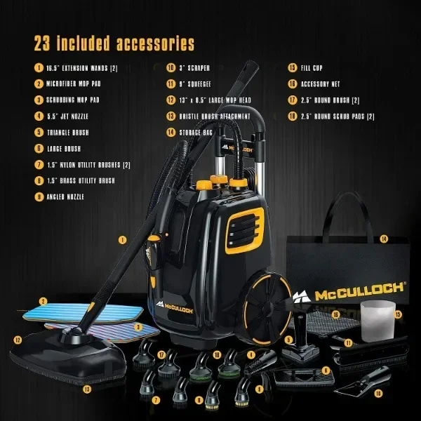 McCulloch Deluxe Canister Steam Cleaner with 23 Accessories, Chemical-Free Pressurized Cleaning for Most Floors