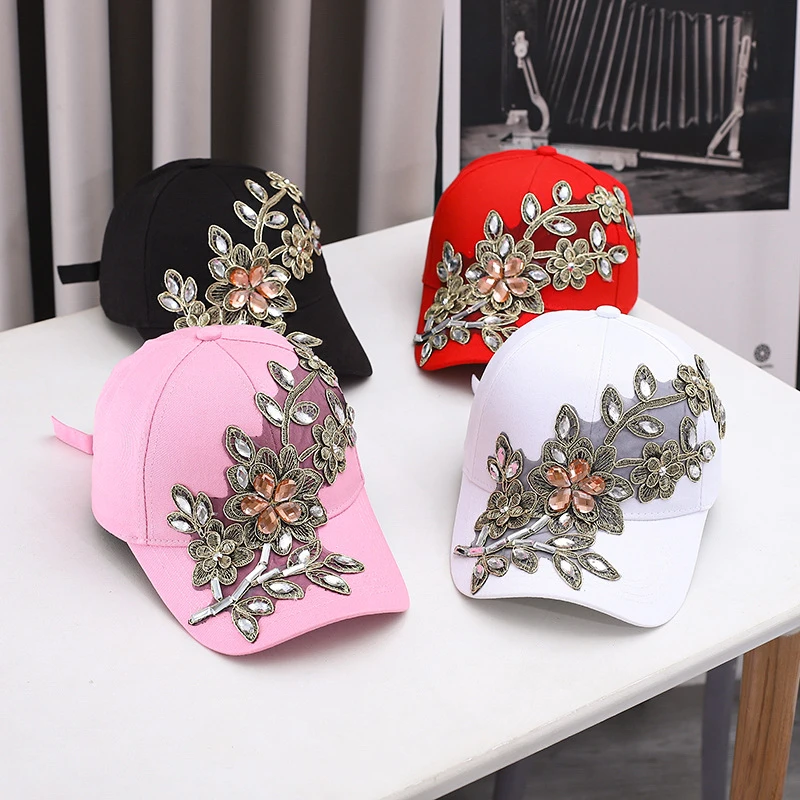 Cross Border Handmade Rhinestone Baseball Cap Heavy Industry Gold Thread Floral Hat Fashion Light Luxury Crystal Duckbill Hat In