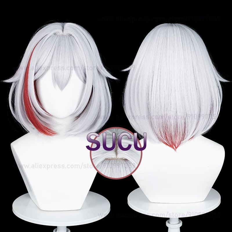 Honkai Star Rail Topaz parrucca Cosplay 35cm breve grigio viola mette in evidenza rosso Anime capelli parrucche sintetiche resistenti al calore + cappuccio parrucca