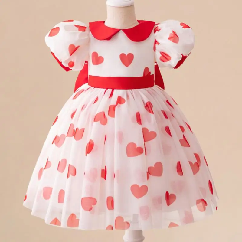 New Bubble Sleeve Love Princess Dress Cute Bow Waist Doll Collar Color Blocked Christmas Birthday Party Dress for 4 5 6 7