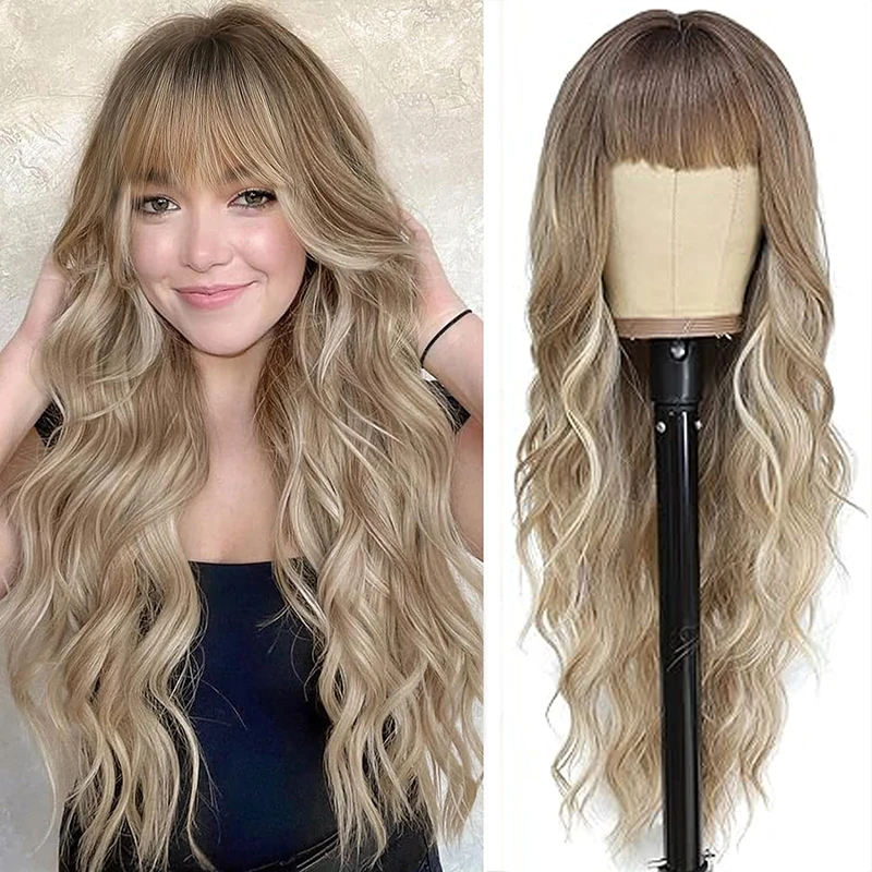 

Clearance Sale Of 26-Inch Synthetic Wigs With Bangs And Wavy Hair, Suitable For Women'S Daily Parties And Halloween Role-Playing
