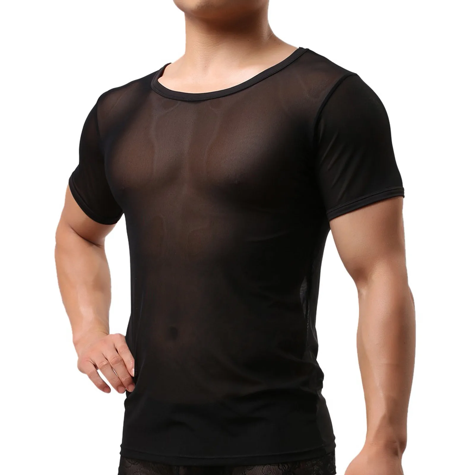 Mens Sexy Mesh See-Through Shirts Short Sleeve Nightclub Sheer Tops Shirt Costume Fish Net t-Shirt