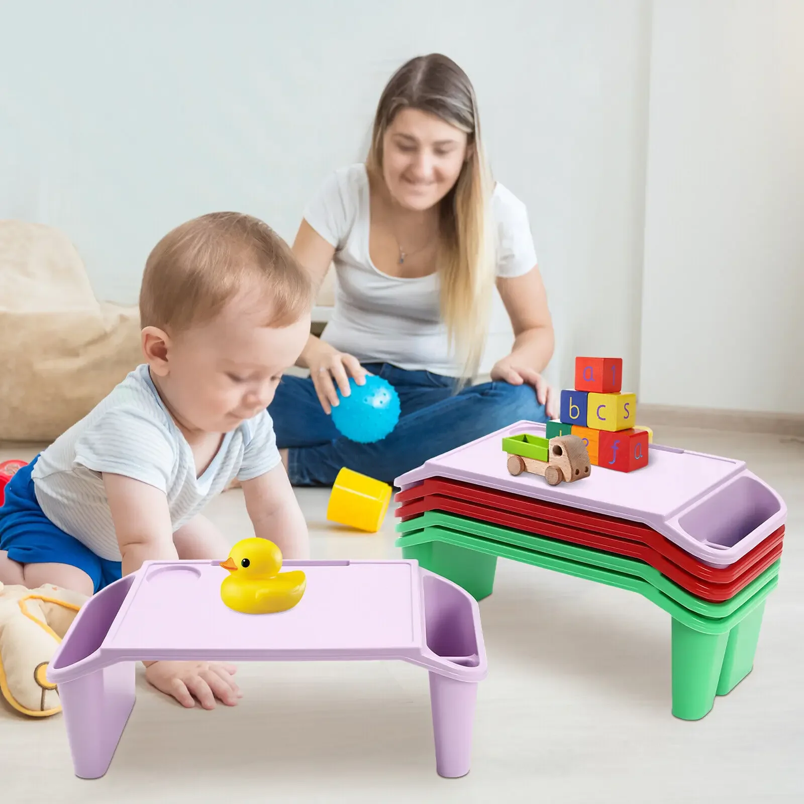 6 عبوات من صواني مكتب الأطفال، بلاستيك PP مع فتحات جانبية - 2 أحمر + 2 أخضر + 2 مجموعة أرجوانية