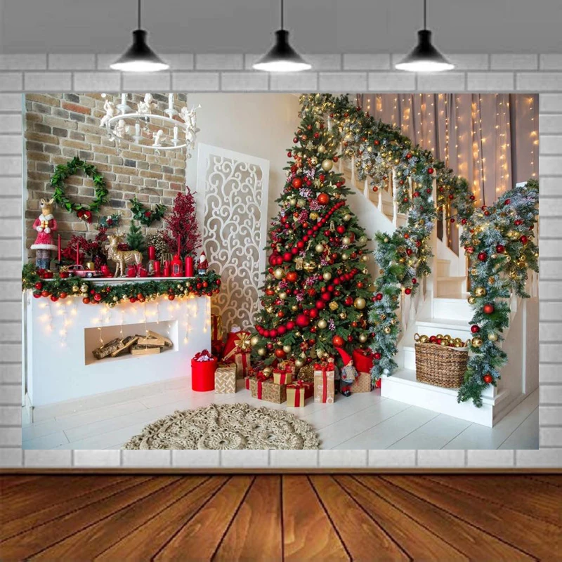 

Photography Backdrop Christmas Fireplace Background Indoors Xmas Tree Gift Holiday Party Decoration Photo Studio Booth Props