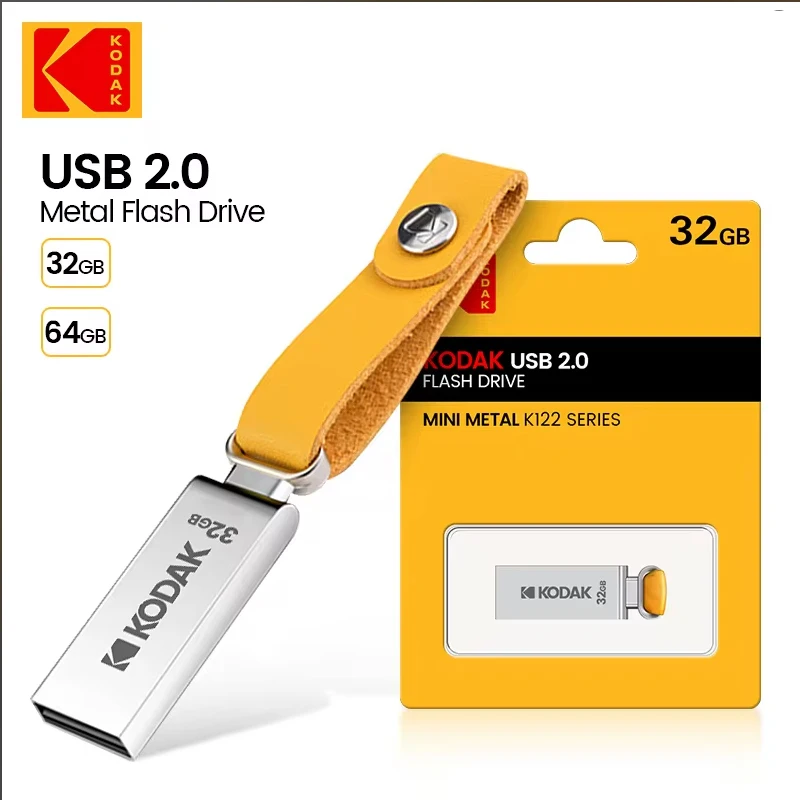 KODAK K122 USB 2.0 플래시 드라이브, 64GB 32GB 펜 드라이브, 방수 미니 메모리 스틱, 가죽 금속 U 디스크